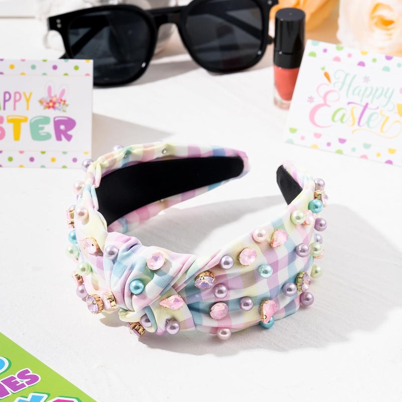 PANTIDE Easter Jeweled Knotted Headband - Colorful Pearl Rhinestone Beads Embellished Headband Non Slip Wide Top Knot Costume Hairband Hair Accessories Spring Birthday Gift for Women Girls (Plaid) - Image 4